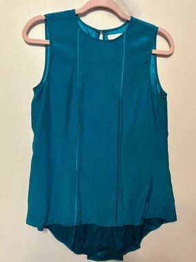 Marie Oliver Silk Teal Sleeveless Pleat-Front Blouse Resort Summer Quiet Luxury